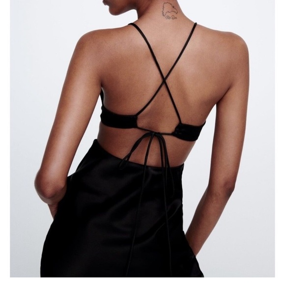 NWT. Zara Black Satin Effect Cut-Out Midi Dress - Picture 3 of 5